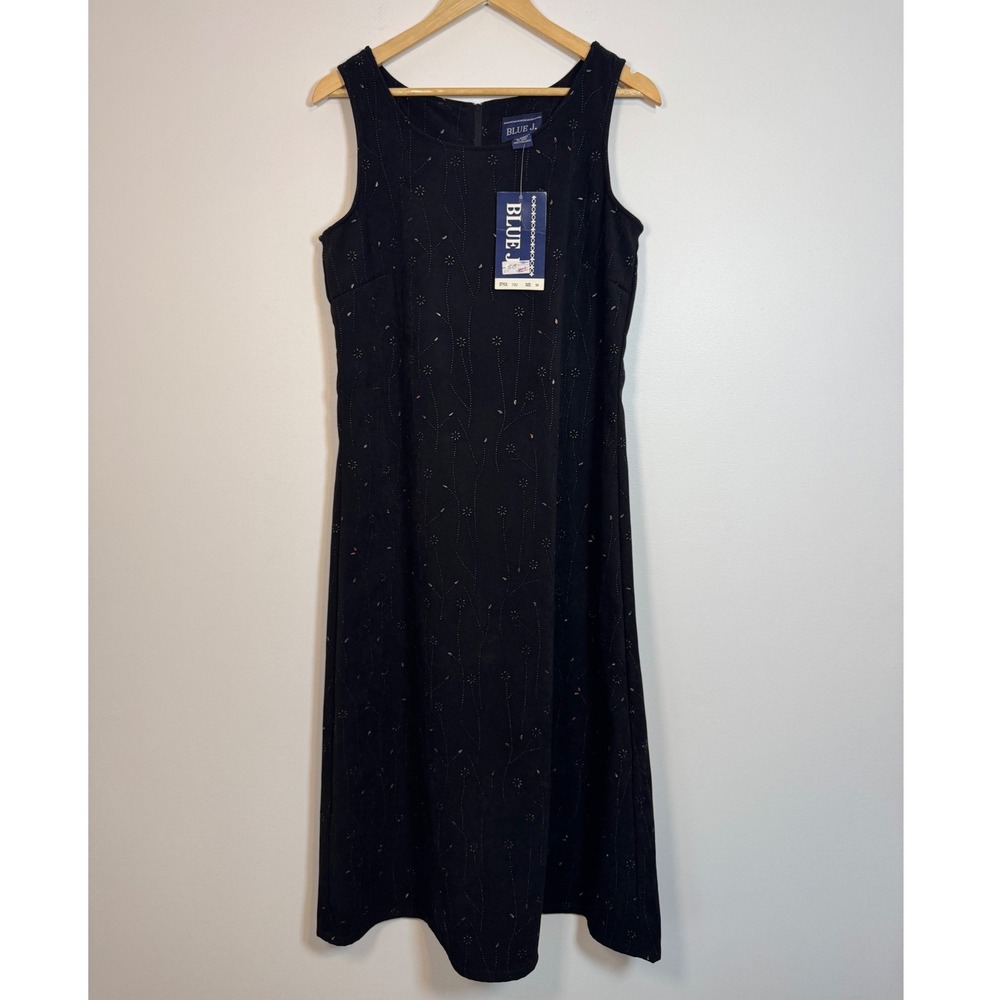 Vintage Deadstock Blue J Embroidered Floral Midi Dress‎ Womens Medium Black 792